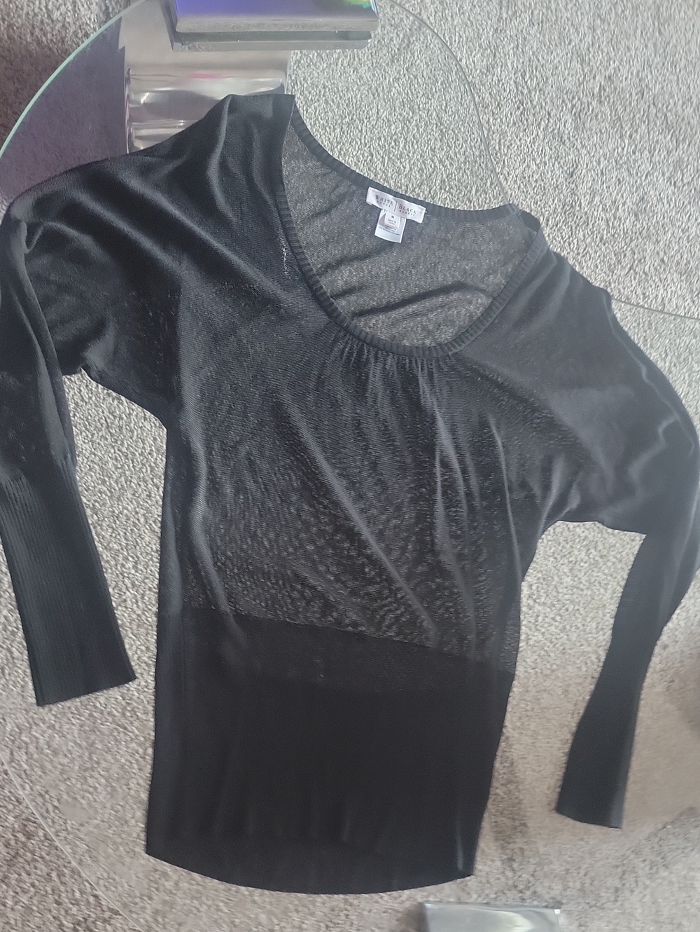 White House Black Market Black Long-Sleeve Sheer Panel Knit Top